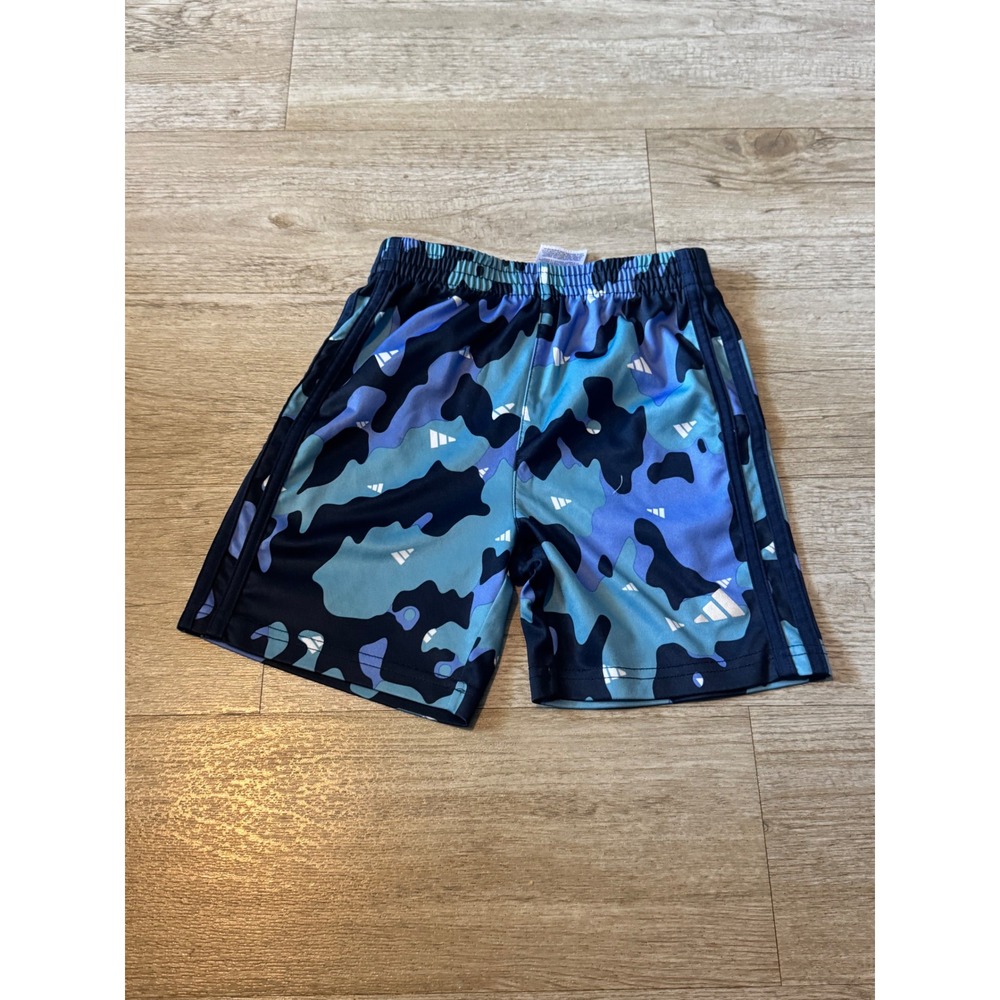 Adidas Boys Blue Camo Athletic Shorts Size 5 Regular Fit Sporty Side Stripes